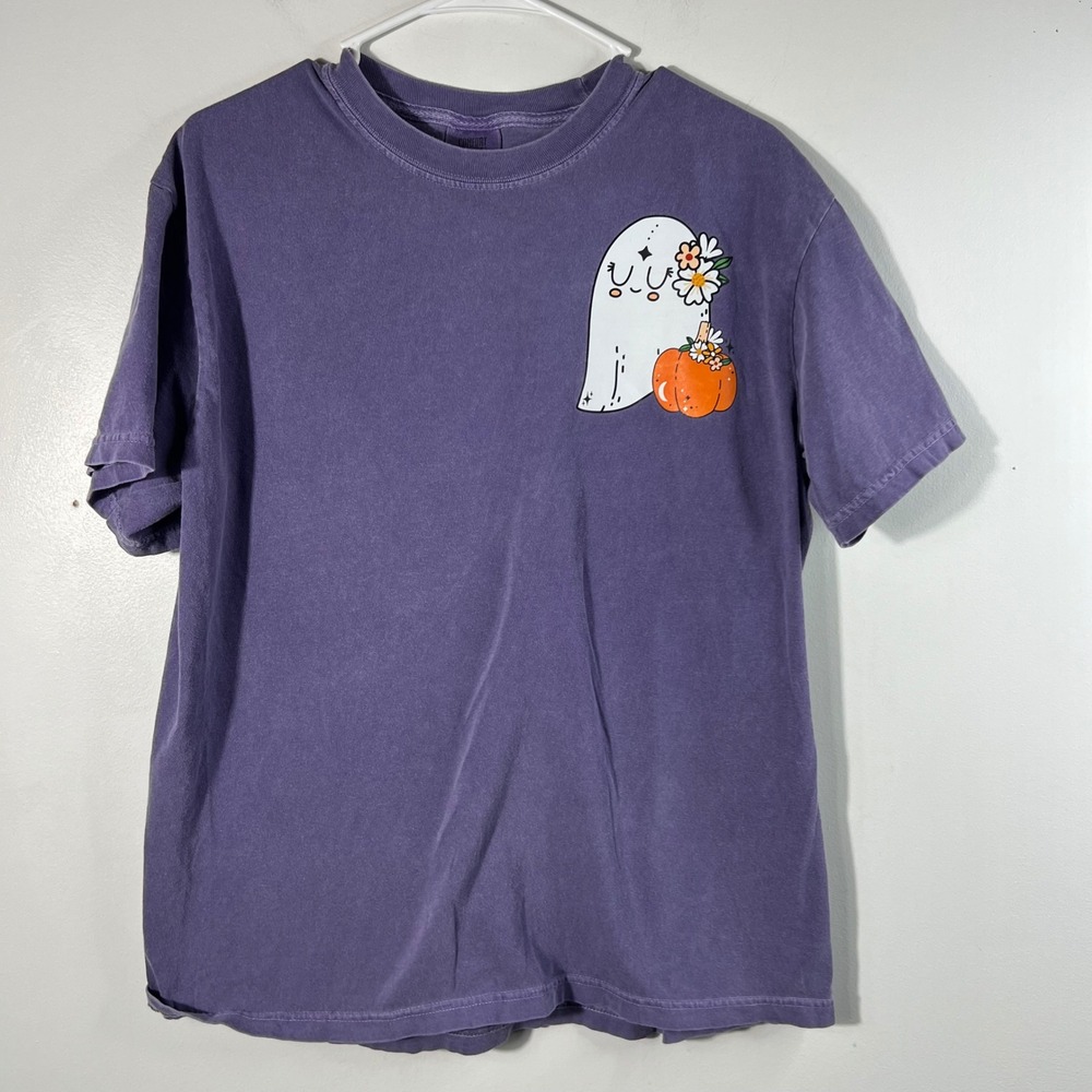 Comfort Colors Purple Ghost Pumpkin Daisy Graphic T-Shirt Large Halloween Tee